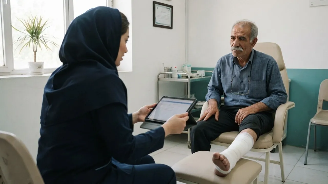 پرستار زخم با مقنعه سرمه‌ای در حال توضیح روند درمان با تبلت به بیمار سالمندی که پای باندپیچی‌شده‌اش روی چهارپایه است