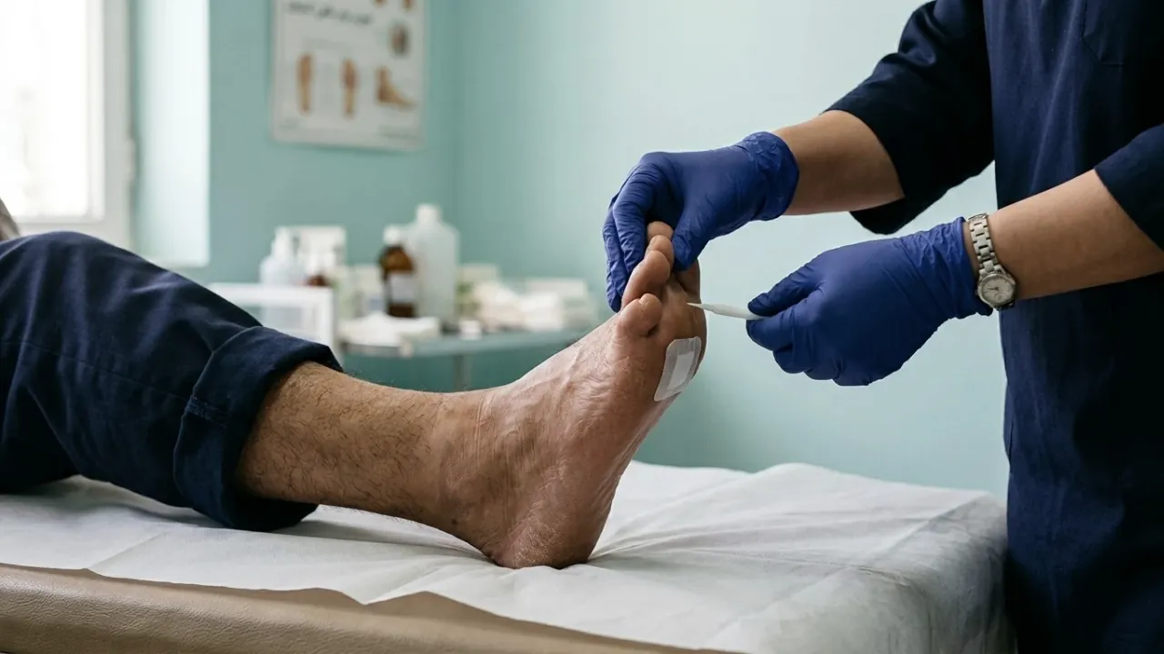 معاینه حسی کف پای بیمار دیابتی با دستکش و ابزار تست منوفیلامنت روی تخت معاینه کلینیک زخم