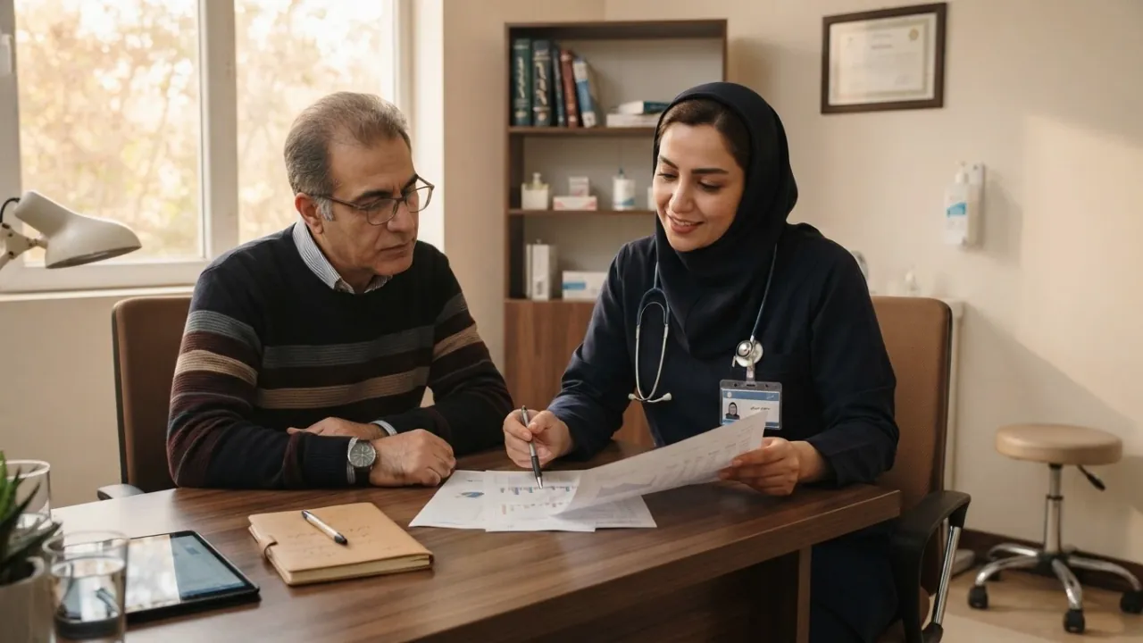 کارشناس زخم با مقنعه و گوشی پزشکی در جلسه اول، برگه آزمایش‌های یک بیمار میانسال را پشت میز مطب با او مرور می‌کند