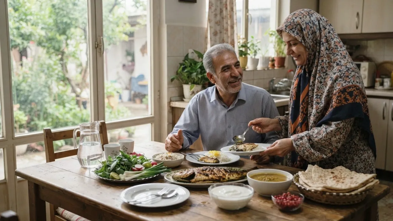 زن و شوهر میانسال ایرانی سر میز ناهار در خانه‌ای در گیلان با ماهی کبابی، سبزی خوردن، عدسی، ماست و دانه انار