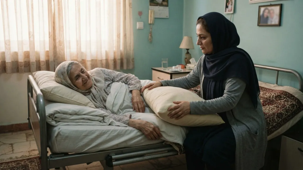 دختری با روسری سرمه‌ای، بالش نرم را کنار مادر سالمند که به پهلو روی تخت مراقبت در منزل خوابیده جابه‌جا می‌کند تا فشار از پوست برداشته شود